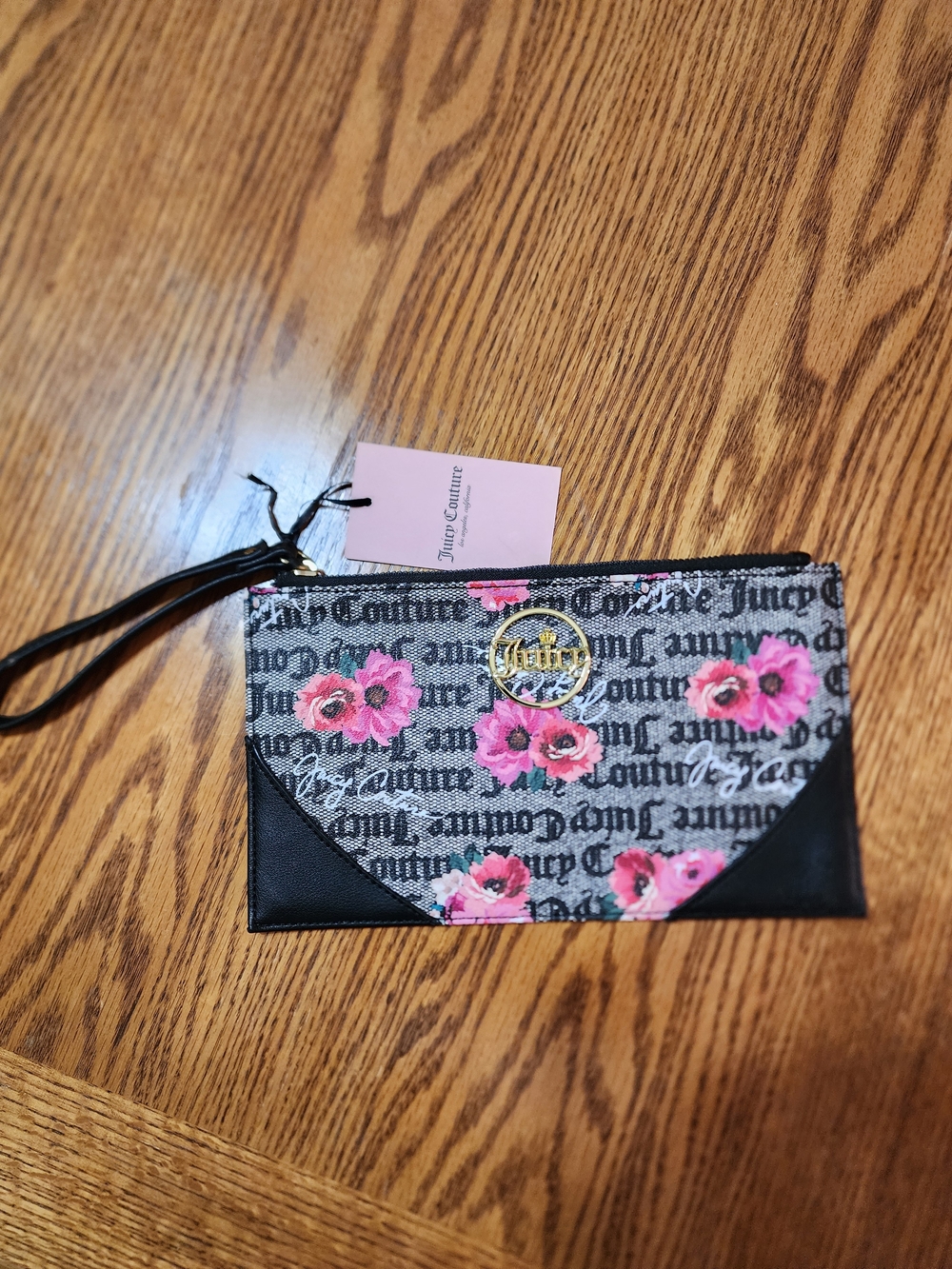 Juicy Couture Pink Floral Logo Wristlet Black. NWT
